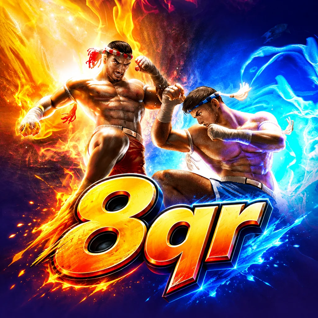 Dua petarung Muay Thai saling berhadapan dalam kobaran api dan energi dengan logo 8qr di bagian depan