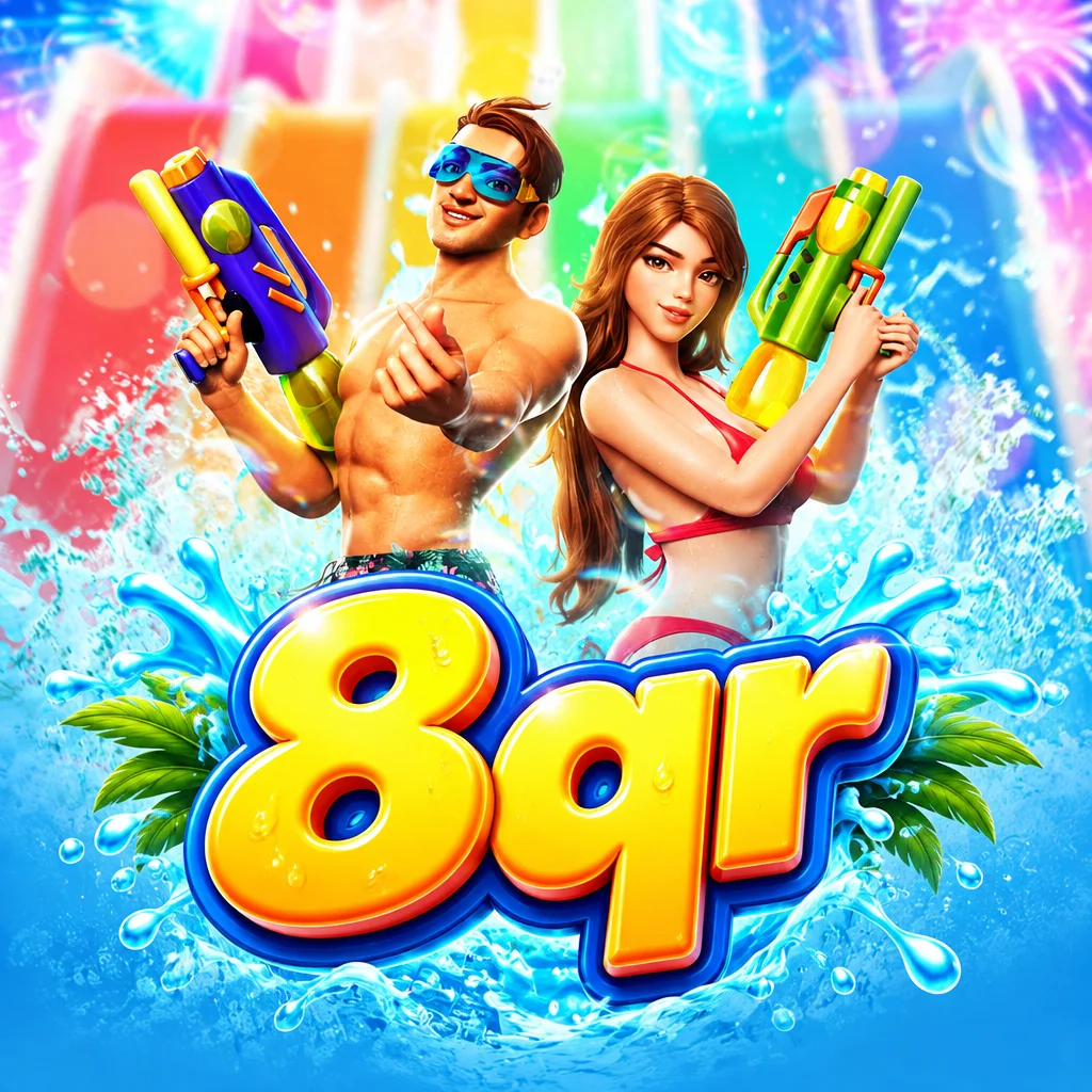 Ilustrasi festival air Songkran Splash dengan keceriaan suasana khas musim panas dan logo 8qr